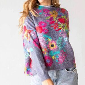 Natural Life Cashmere-Like Fuzzy Colorful Floral Pullover Sweater Women's Medium